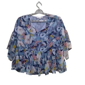 Alyson Parker Floral Tiered Ruffle V Neck Blouse Top Womens M Blue Pink Yellow